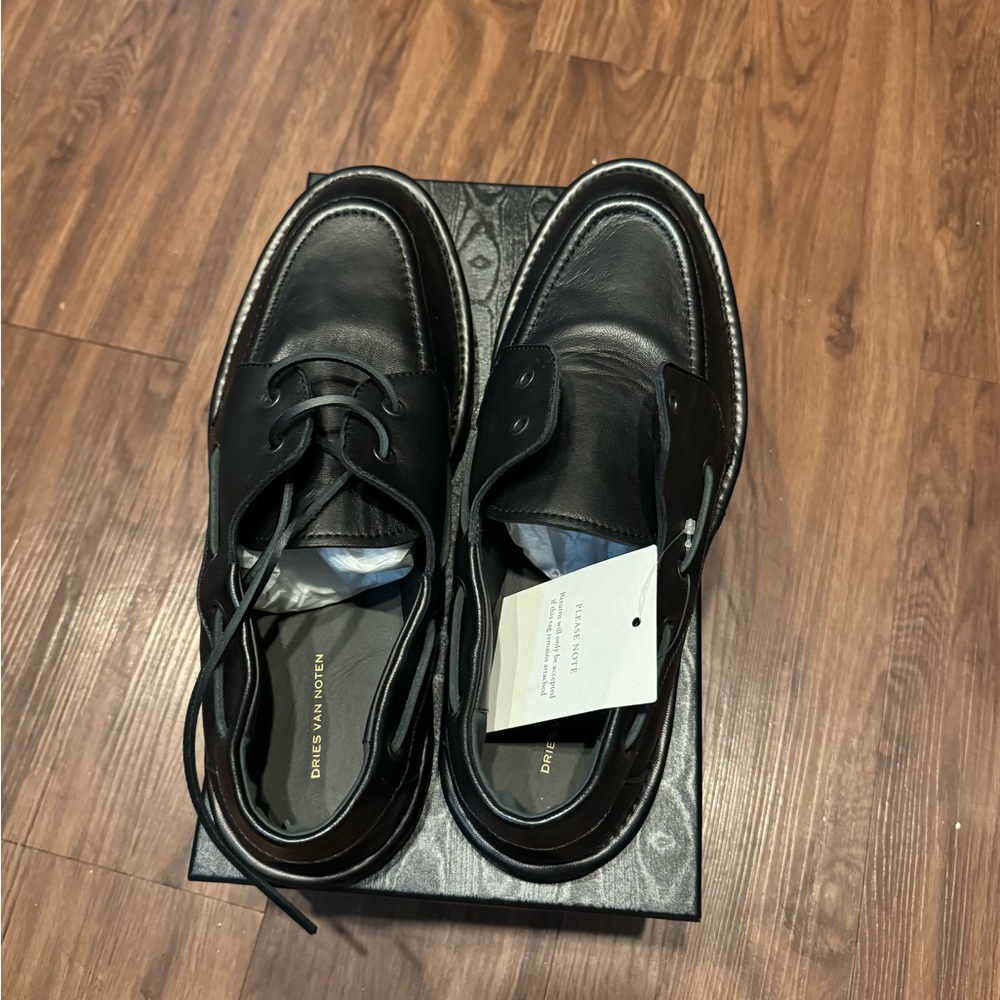 Dries Van Noten Black Leather Boat Shoes Size 44